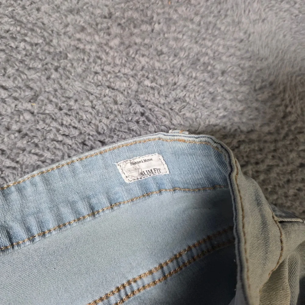 Bleecker & Mercer Mens 36x34 Slim Fit Jeans Light Blue Graphic Distressed Urban